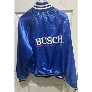 Vintage 90s Official Product BUSCH Beer Mens Large Blue Satin Jacket Made In USA
